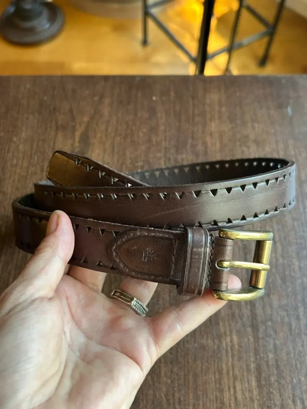 vintage Lauren Ralph Lauren brown leather belt triangle laser-cut edge women 30